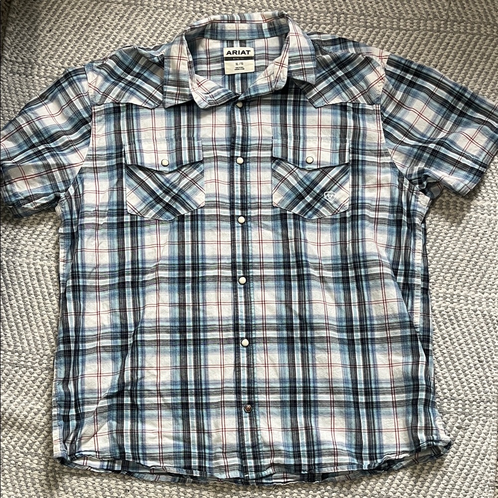 Ariat Men’s Short-Sleeve Teal and White Plaid Pearl Snap